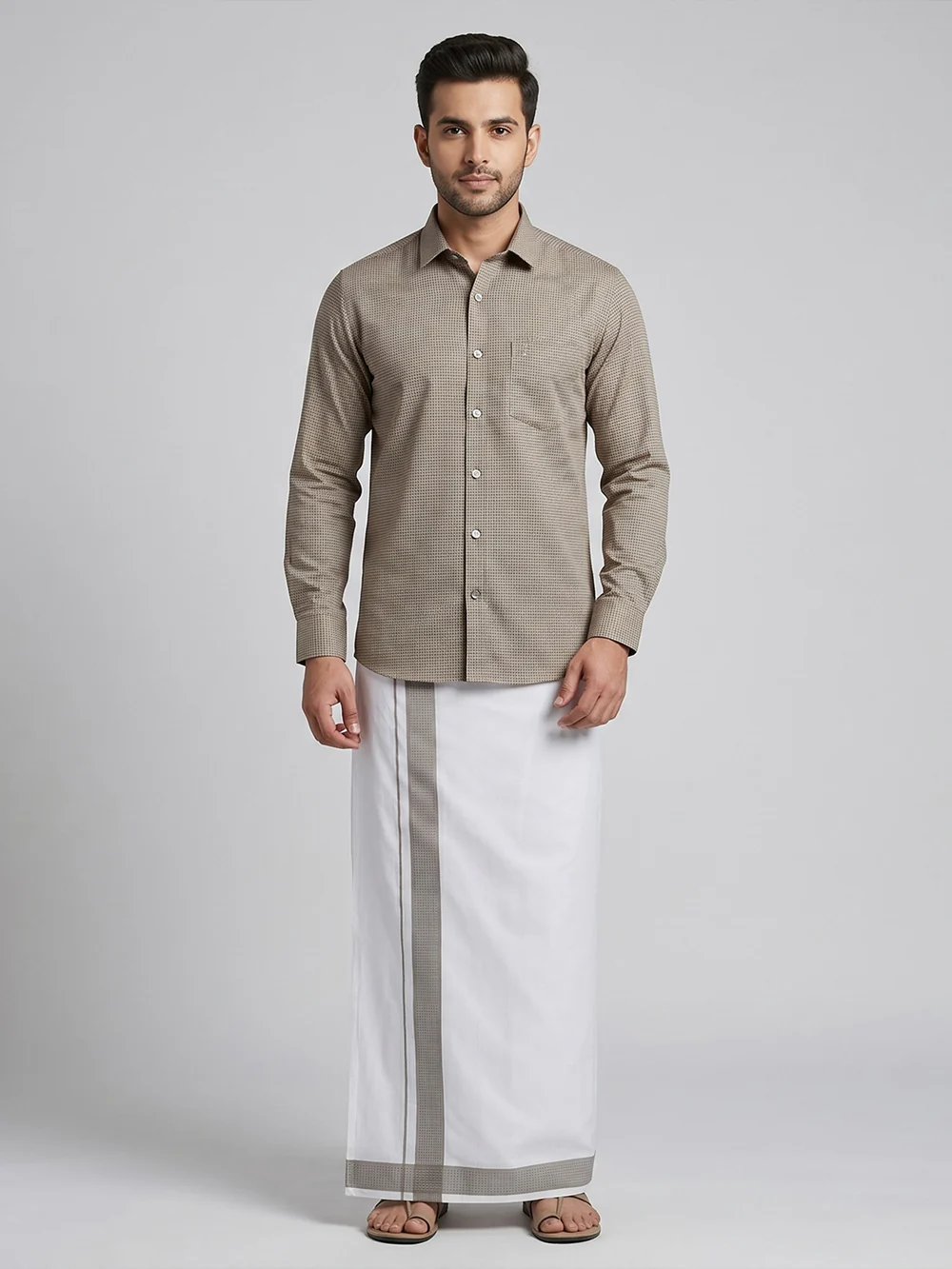 Men Light Grey Matching Border Dhoti With Printed Shirt Set Windsor HNJ2